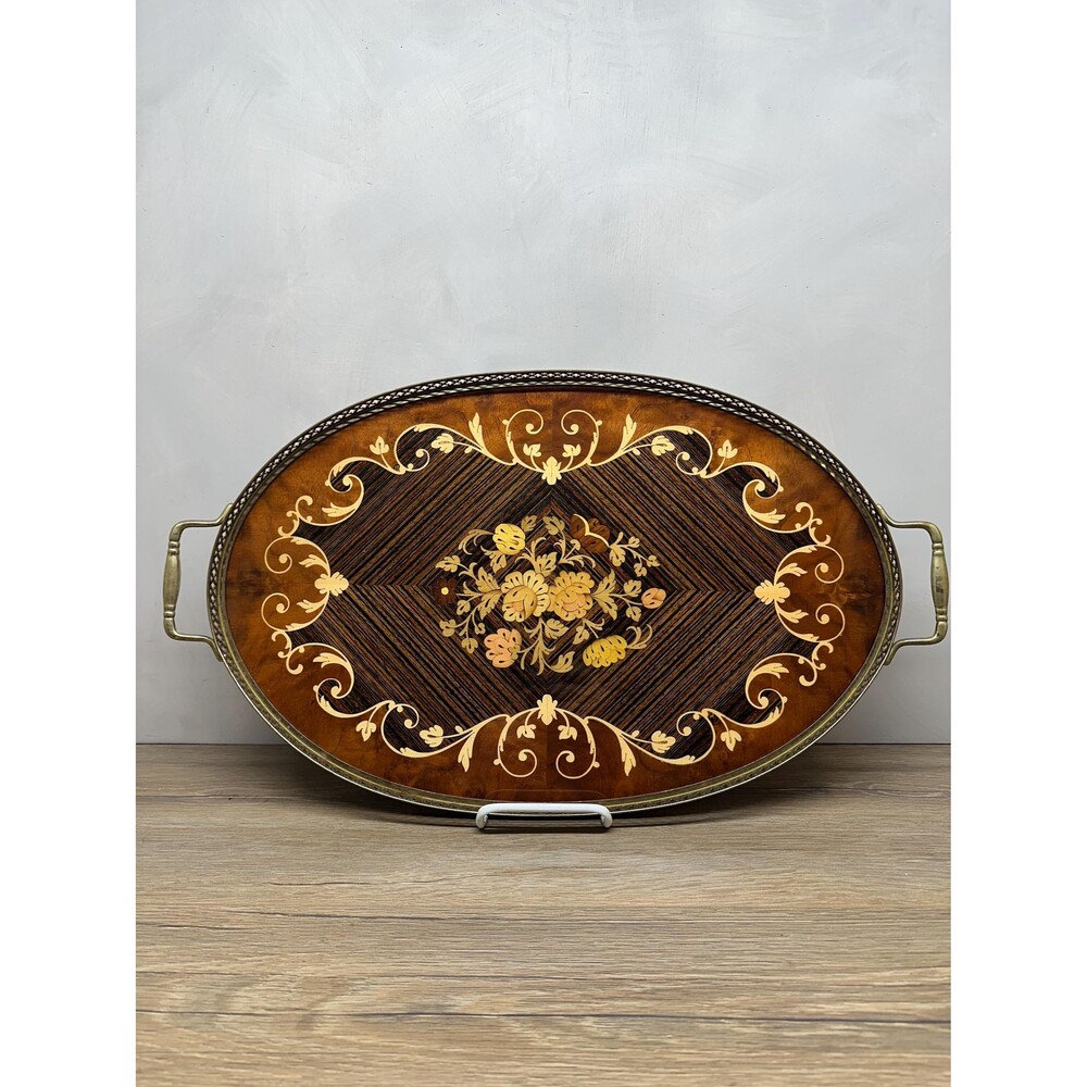 Vintage 1950s Sorrento Italian Floral Marquetry Wood Tray 20.75"